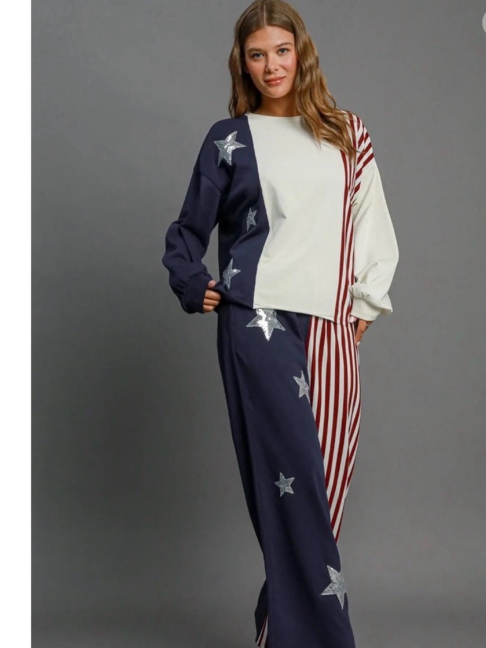 Umgee Navy, White & Red Wide Leg 2 Piece Set with Stars & Stripes Patriotic